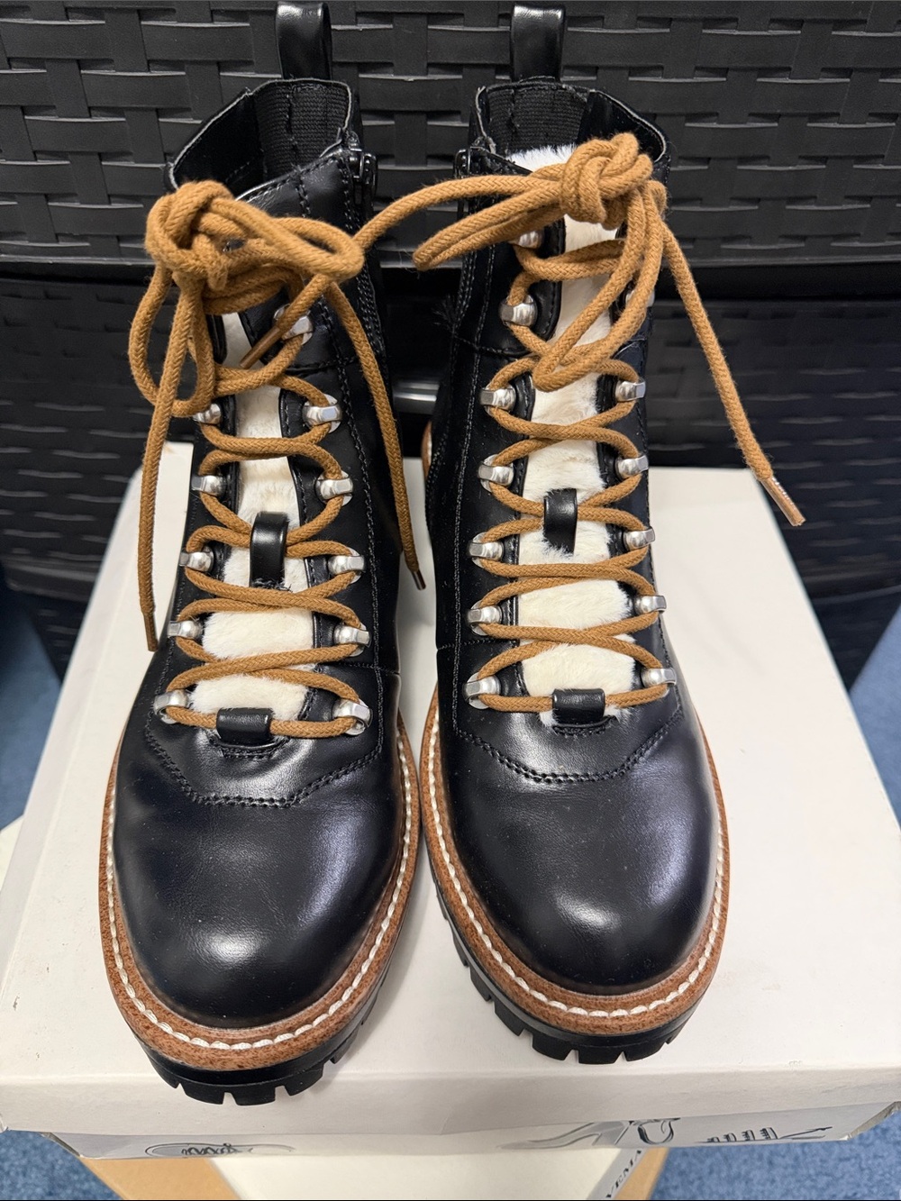 Black Faux Leather Lace-Up Lug Sole Ankle Boots with Tan Laces